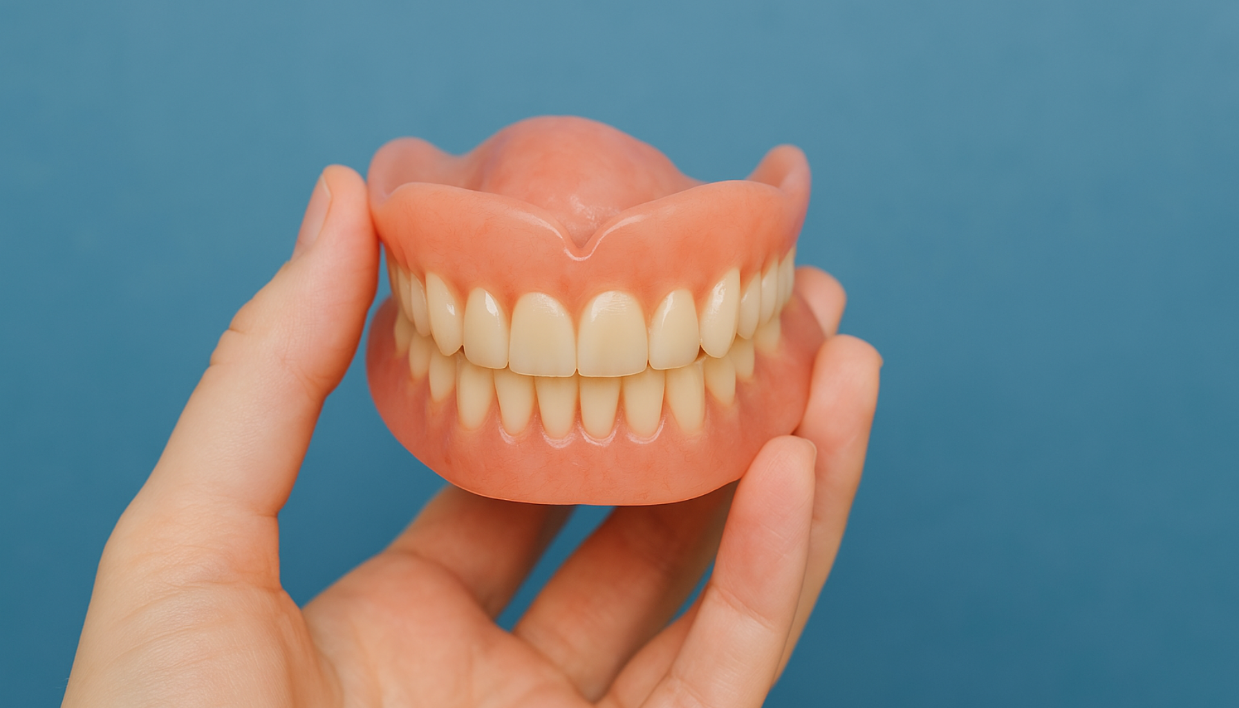 Gebiss – En komplett guide til avtakbare tannproteser 21 Proteser med naturlig utseende tenner og rosa base holdes i en hånd foran en blå bakgrunn.