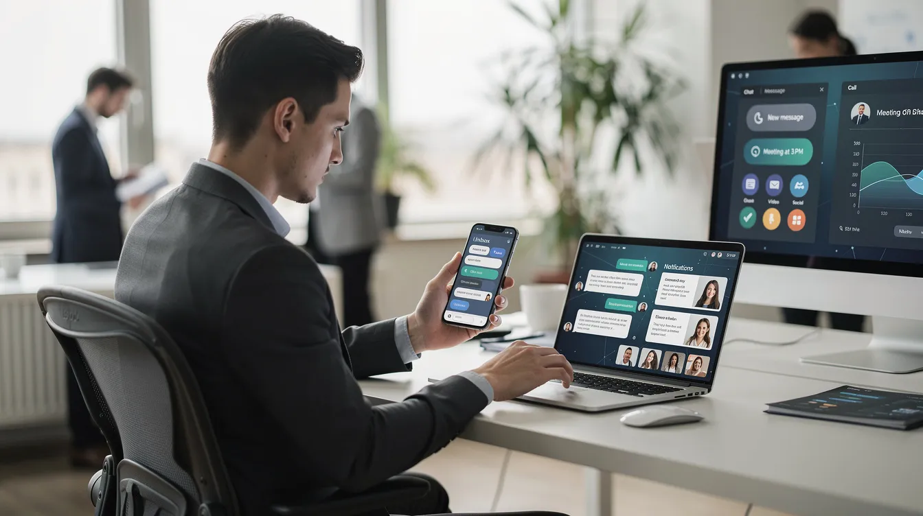 Una persona está interactuando con múltiples canales de comunicación a través de un smartphone y un laptop en un entorno de oficina moderno, lo que refleja la importancia de la gestión de la experiencia del cliente y cómo mejorar la satisfacción del cliente en cada punto de contacto. Esta escena ilustra el proceso del customer journey y la relación entre el usuario y la marca.