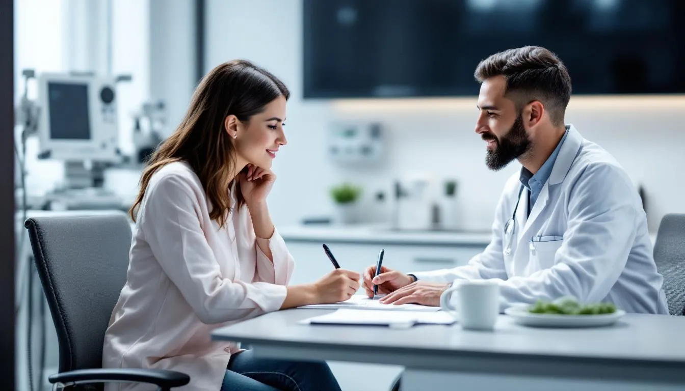 En la imagen se muestra a un médico realizando una consulta sobre el tratamiento de alta frecuencia capilar, mientras examina el cuero cabelludo de un paciente. Se pueden ver herramientas como electrodos y un peine, que se utilizan para estimular los folículos y mejorar la salud del cabello en casos de caída y alopecia.