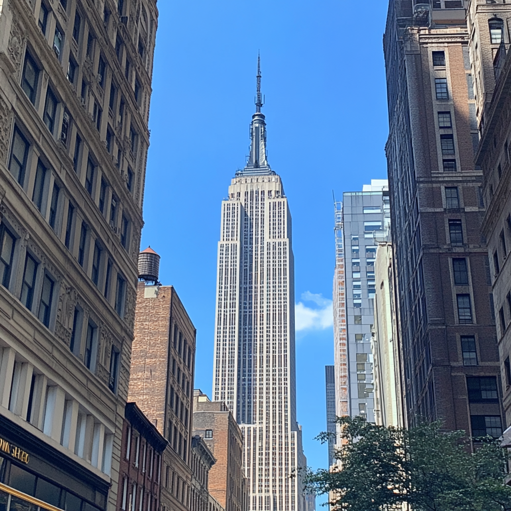 The Empire State Building towering over the New York skyline, a landmark on many NYC bucket lists.