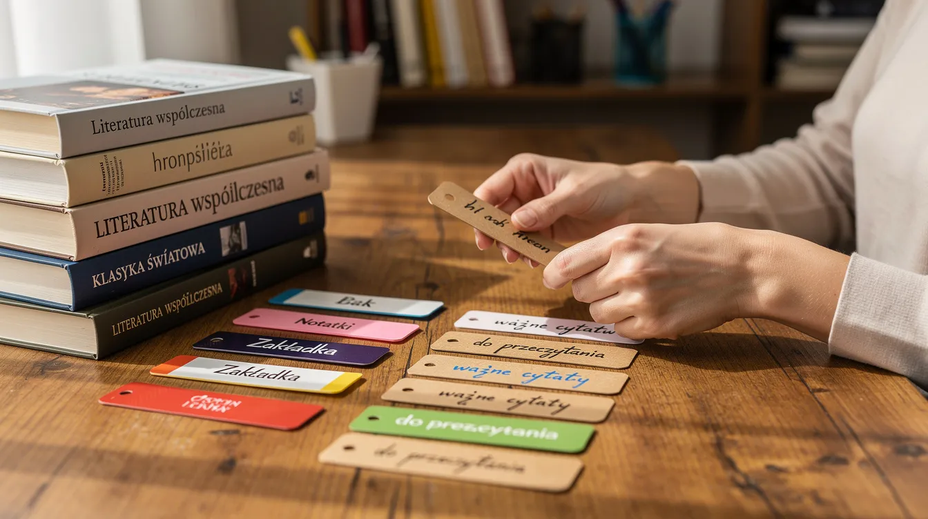 Na biurku znajduje się osoba przeglądająca r&oacute;żne typy zakładek i wkładek, kt&oacute;re są rozłożone obok stosu książek. Wśr&oacute;d nich można dostrzec wkładki do książek z dedykacjami, kt&oacute;re mogą być używane jako pamiątki na zakończenie roku szkolnego.