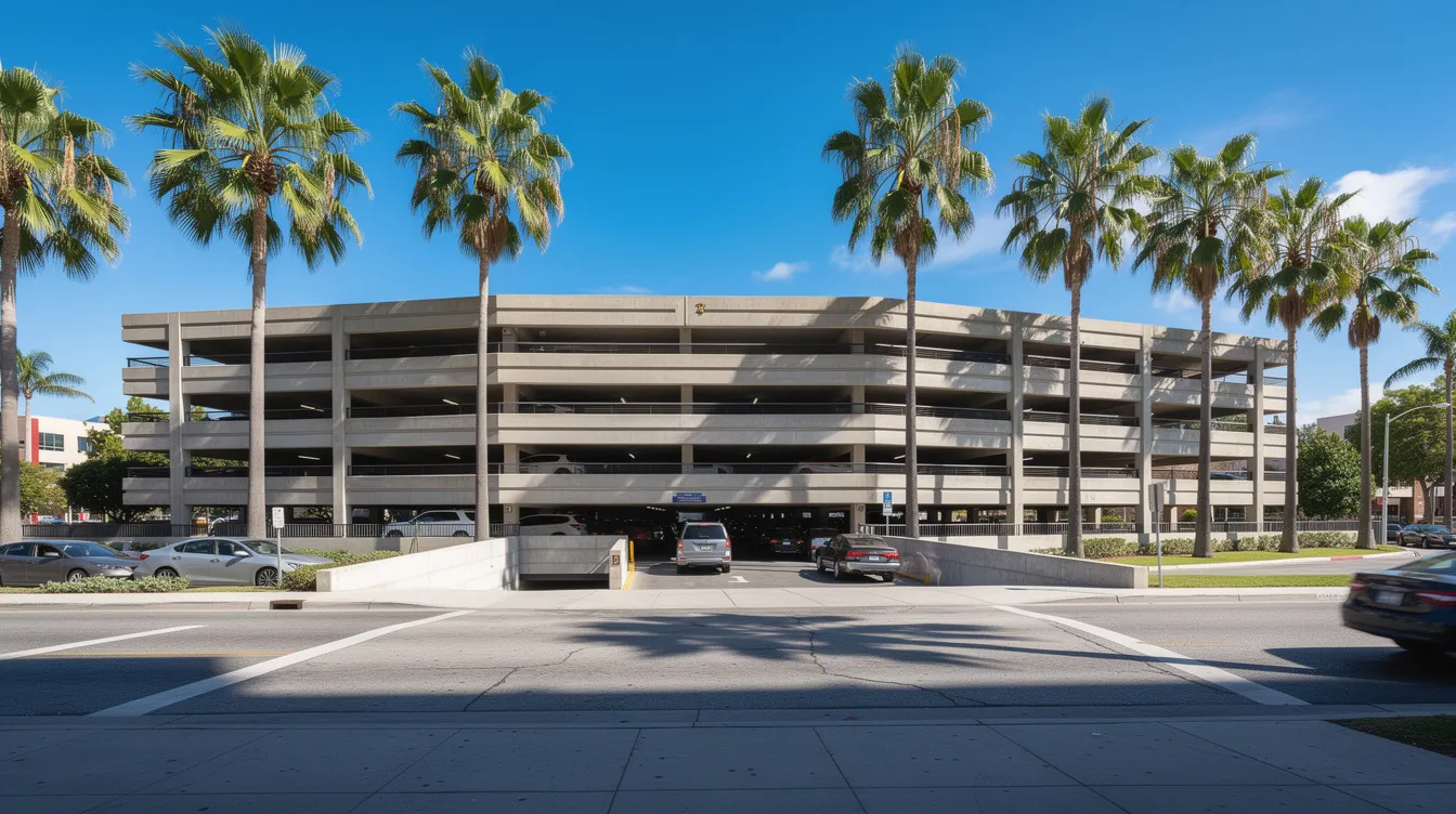 The image shows a multi-level concrete parking garage in downtown Chandler, with cars entering under a clear blue sky, while palm trees line the adjacent streets. This convenient parking option offers visitors easy access to explore the area on a sunny day.