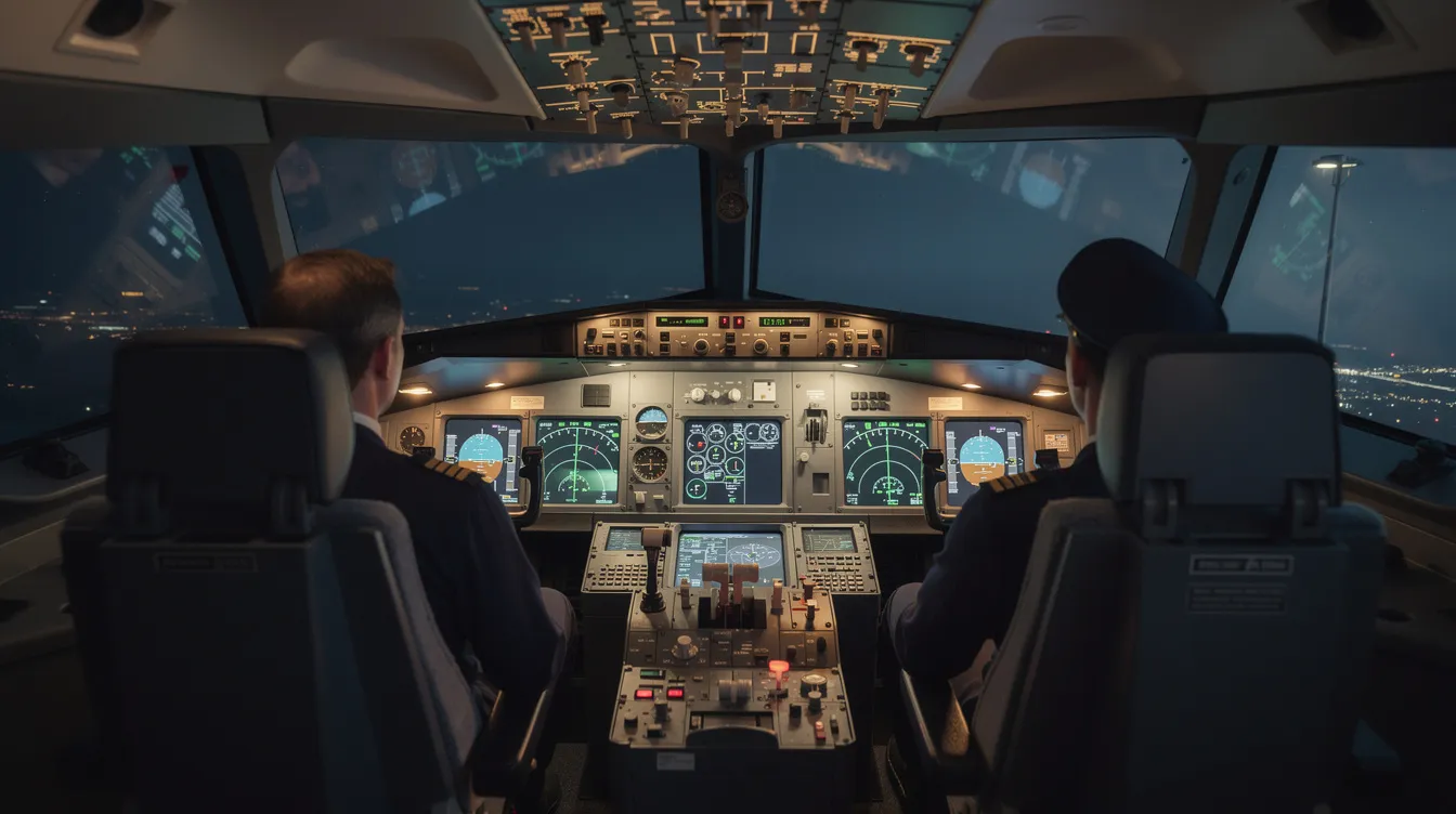 An airline cockpit from behind two pilot seats, with various glowing instruments indicating the aircraft's status during flight. This scene represents the environment where aspiring pilots engage in flight training, crucial for obtaining a private pilot license or pursuing an aviation career.