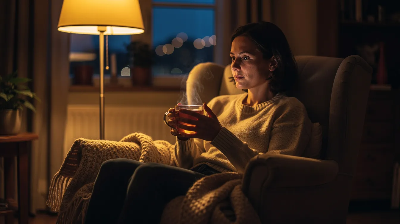 A person is sitting comfortably in a cozy armchair, holding a warm mug of tea, surrounded by a dimly lit room that evokes a peaceful evening atmosphere. The scene suggests a moment of relaxation, possibly indicating the ability to unwind and improve sleep.