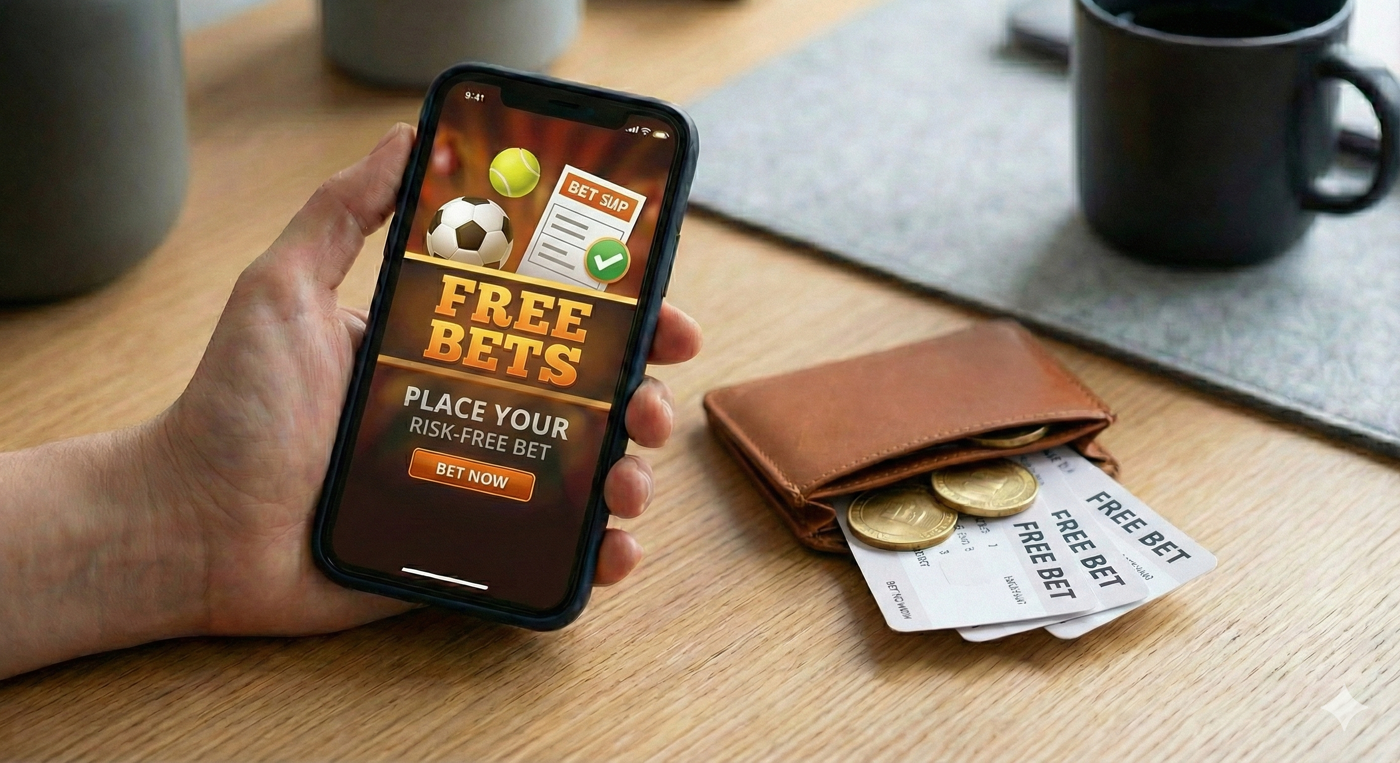 Free bets bij online bookmaker op smartphone, risicovrije weddenschap met sportballen, portemonnee met free bet tickets en munten.