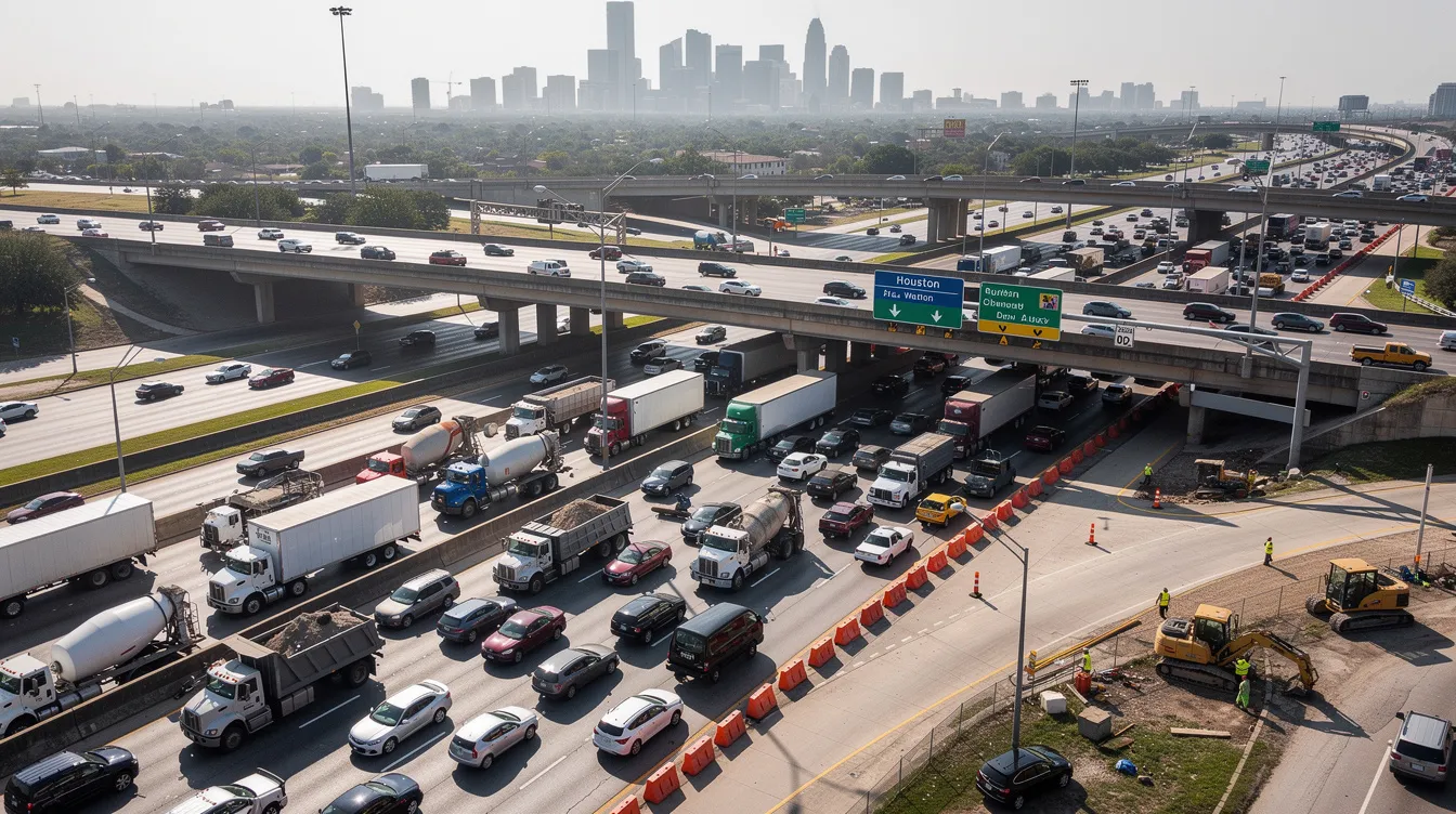 A busy Houston highway intersection features a mix of commercial trucks, construction vehicles, and passenger cars, highlighting the complexities of urban traffic. This scene reflects the potential for truck accidents, underscoring the need for experienced truck accident attorneys in Houston to navigate the aftermath of such incidents.