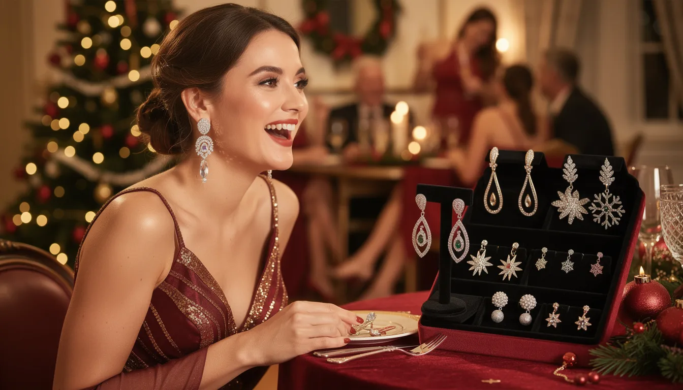 A pair of elegant dangle earrings glistens with sparkle, perfect for the festive season and designed to add a joyful touch to any Christmas outfit. These statement earrings, part of our Christmas jewellery collection, are ideal for parties and intimate gatherings alike.