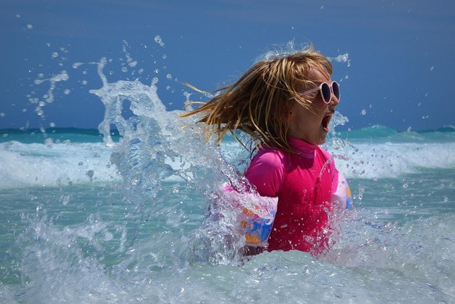 girl, sea, swimming, resort, waves, nature, fun, ocean, kid, child, summer