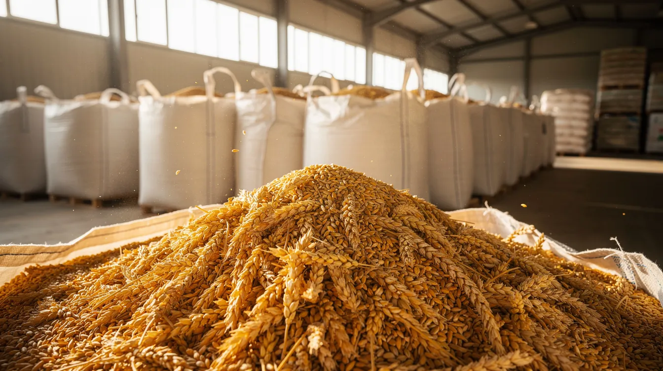 837a069c 6a69 49ff b0db 914ed34b0cb1 The image depicts large industrial sacks filled with golden wheat grains stored inside a warehouse, showcasing the raw materials essential for the flour milling industry. This setting highlights the importance of proper storage in a flour mill project, ensuring the quality of wheat flour used in various food processing applications.