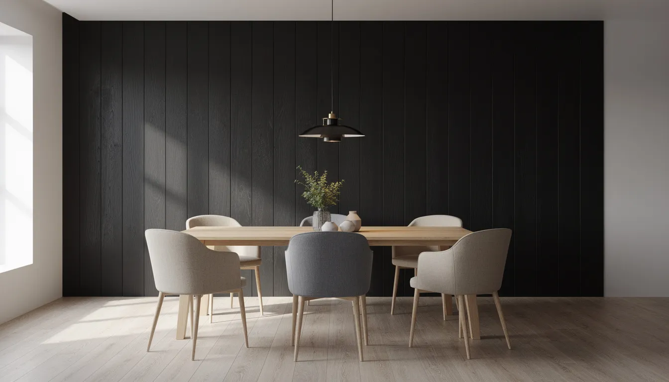 Een stijlvolle eetkamer met een zwart wandpaneel van massief hout achter een houten eettafel, verlicht door een elegante hanglamp. De neutrale stoelen dragen bij aan de tijdloze uitstraling van de ruimte, waardoor een sfeervolle en luxe ambiance ontstaat.