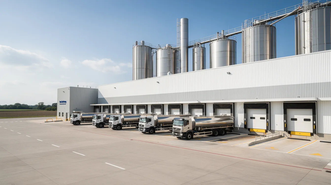The image shows a large, modern dairy processing plant exterior, featuring sleek architecture and several tanker trucks parked at the loading dock, ready for transporting processed milk. This facility is part of the milk collection and processing infrastructure, ensuring the quality and efficient distribution of dairy products.