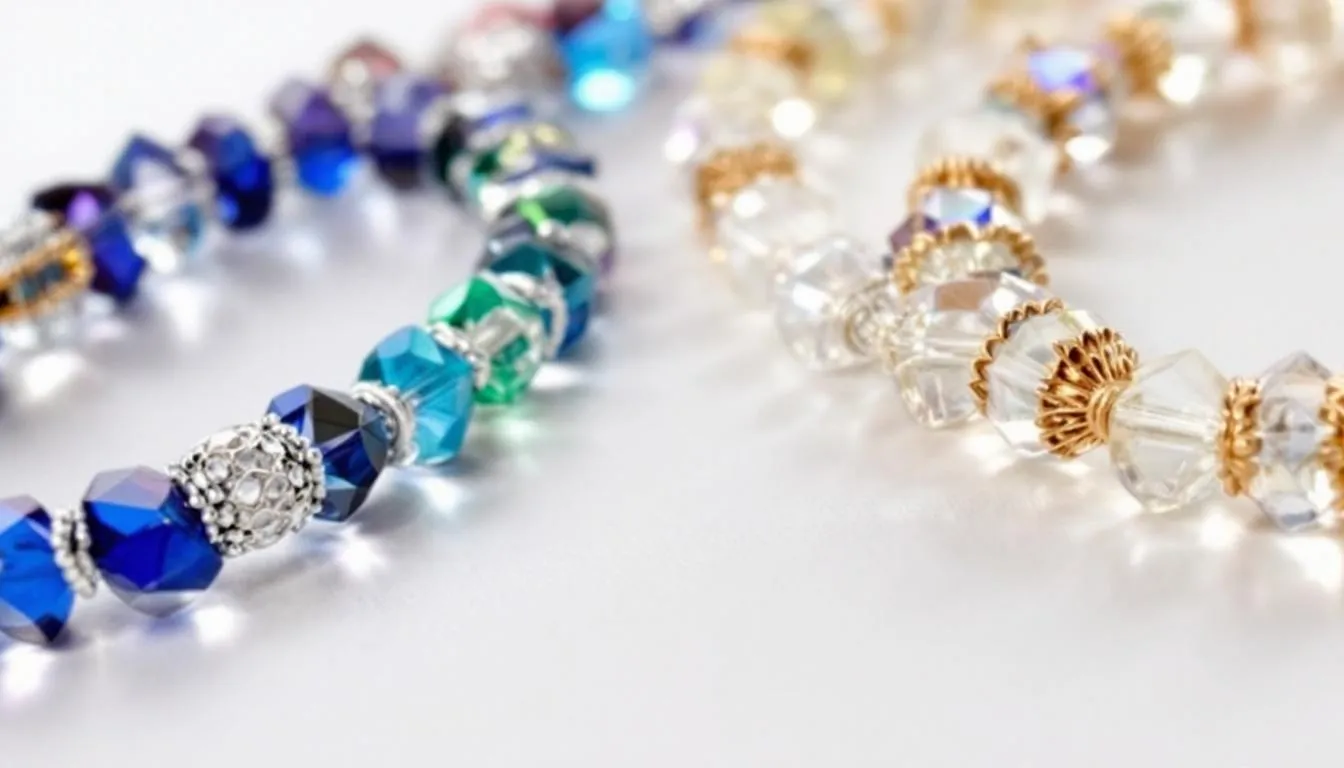 A close-up view showcases an array of crystal bracelets, featuring 4mm chips, 8mm beads, and intricately wire-wrapped designs, highlighting their beauty and quality. This collection of bracelets offers a perfect fit for any outfit and is ideal for those looking to add a personal touch to their style or gift a loved one.