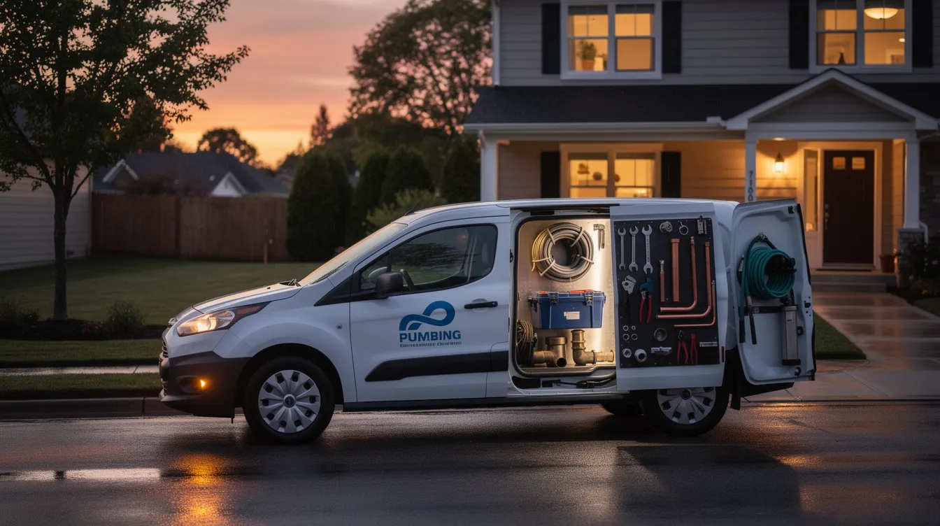 A service van equipped with plumbing tools is parked in a residential driveway at dusk, ready to assist homeowners with drain cleaning services and address potential sewer issues. The van signifies the availability of professional plumbers to tackle problems such as slow drains and recurring clogs in multiple drains.