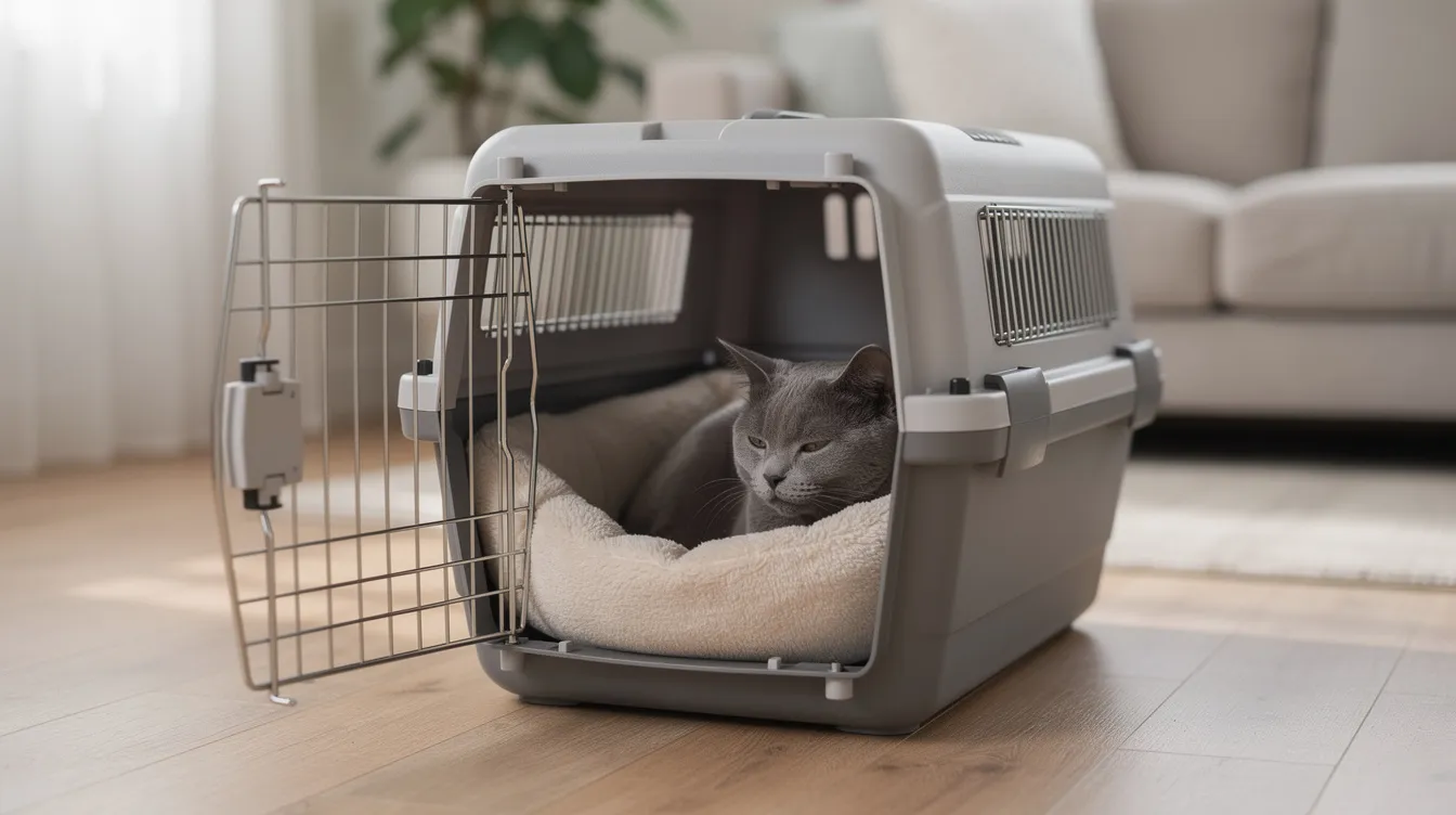 The image shows a secure cat carrier lined with soft bedding, placed in a calm home setting that promotes relaxation and comfort for the pet. This environment is ideal for cats who may need to be monitored for health issues, such as kidney disease or diabetes, ensuring their overall health during travel or vet visits.