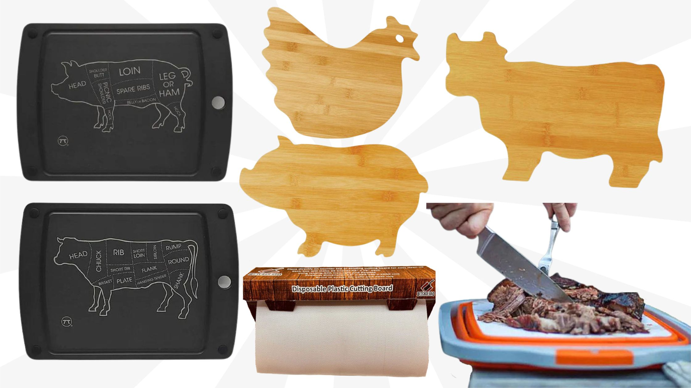 Cutting Boards - Beef Cuts Cutting Board, Pork Cuts Cutting Board, Pig Shaped Bamboo Cutting Board, Steer Shaped Bamboo Cutting Board, Chicken Shaped Bamboo Cutting Board, Butcher BBQ Disposable Disposable Plastic Cutting Board Sheets, & Collapsible Prep Tub with Built-in Cutting Board