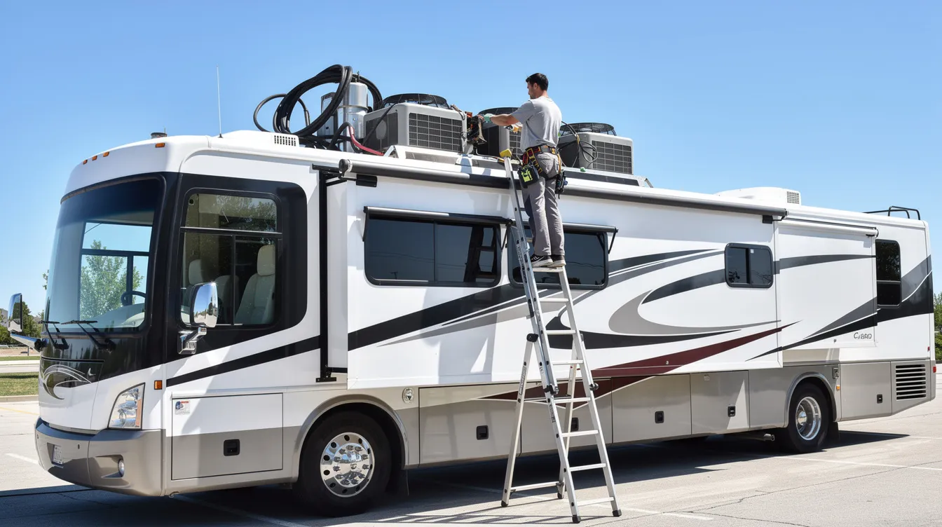 An RV technician is perched on a ladder, meticulously working on the air conditioning unit mounted on the roof of a large motorhome. The technician is inspecting electrical components and addressing potential issues, such as a failing AC capacitor or compressor failure, to ensure optimal cooling performance during hot weather.