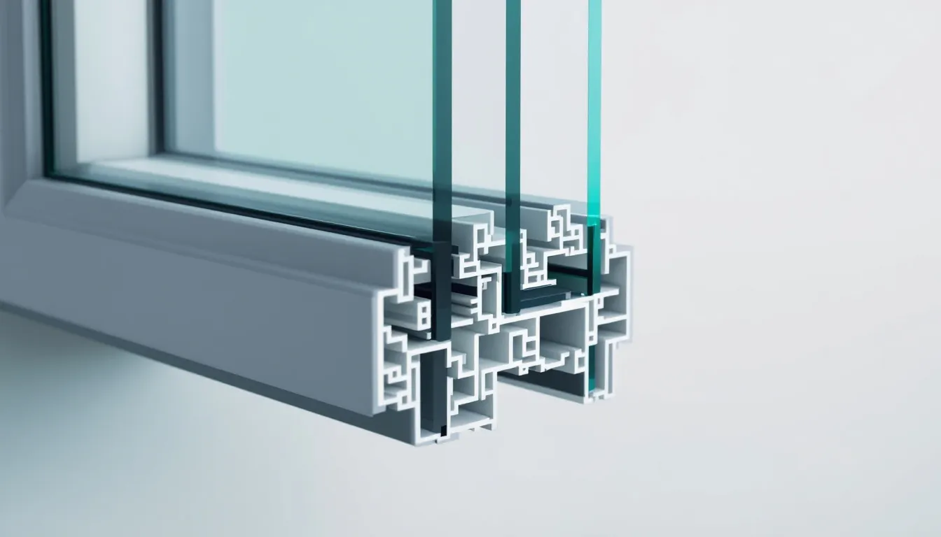 Close-up van geavanceerd driedubbel glas in een kunststof kozijn, dat zorgt voor optimale thermische isolatie en energie efficiëntie. Het kunststof kozijn, uitgevoerd met hoogwaardige materialen, biedt uitstekende inbraakwerendheid en is verkrijgbaar in een breed scala aan kleuren.