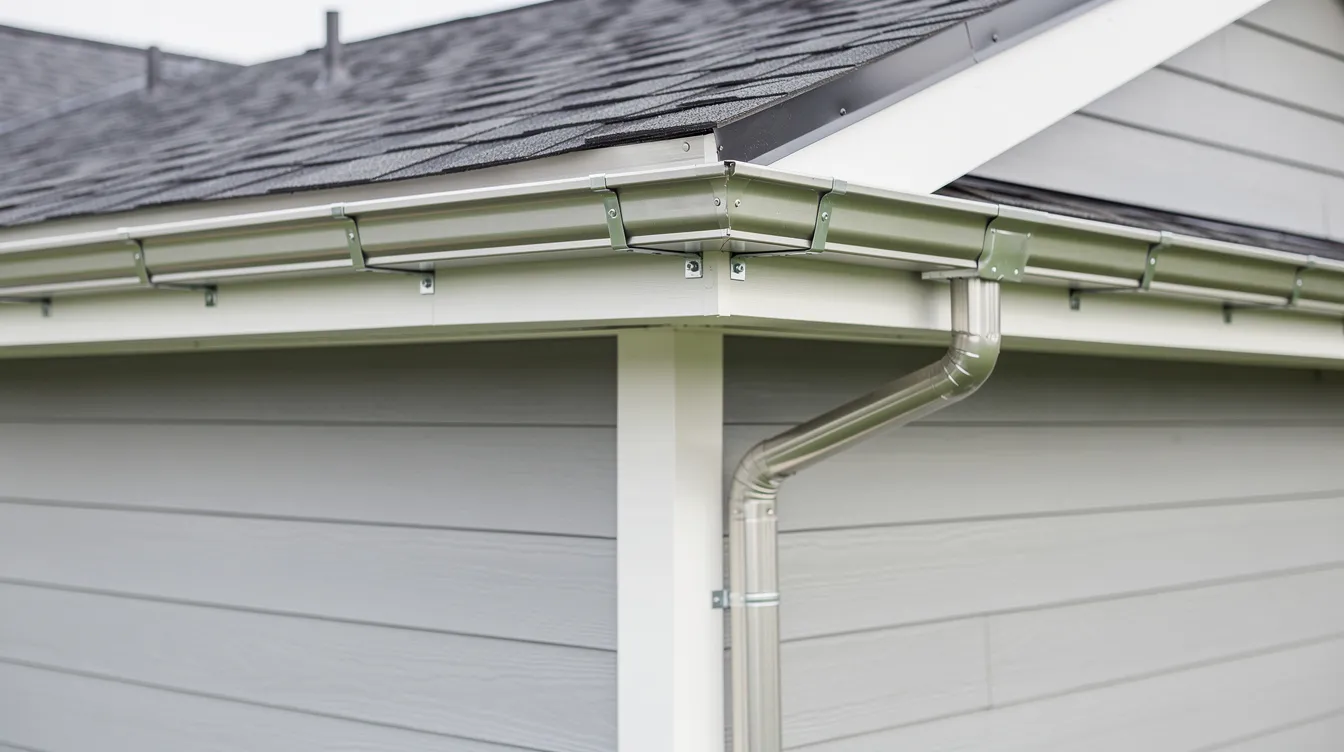 Clean seamless aluminum gutters properly installed on a residential home for effective drainage.