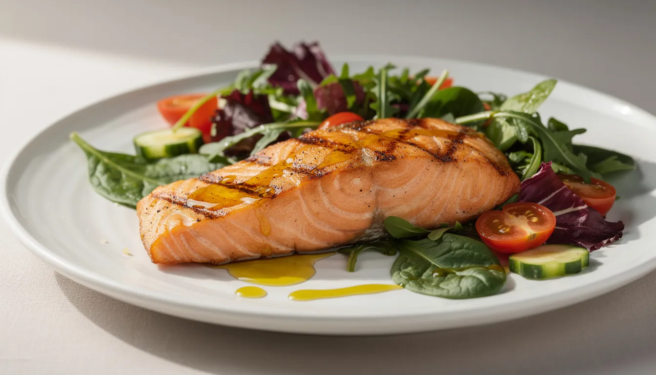 A beautifully grilled salmon fillet sits on a plate, accompanied by vibrant leafy greens and a light drizzle of olive oil, reflecting a nutritious aspect of David Sinclair&rsquo;s longevity diet and his focus on cellular health. This meal exemplifies the principles of longevity research, emphasizing the benefits of a balanced diet in supporting mitochondrial health and combating aging processes.