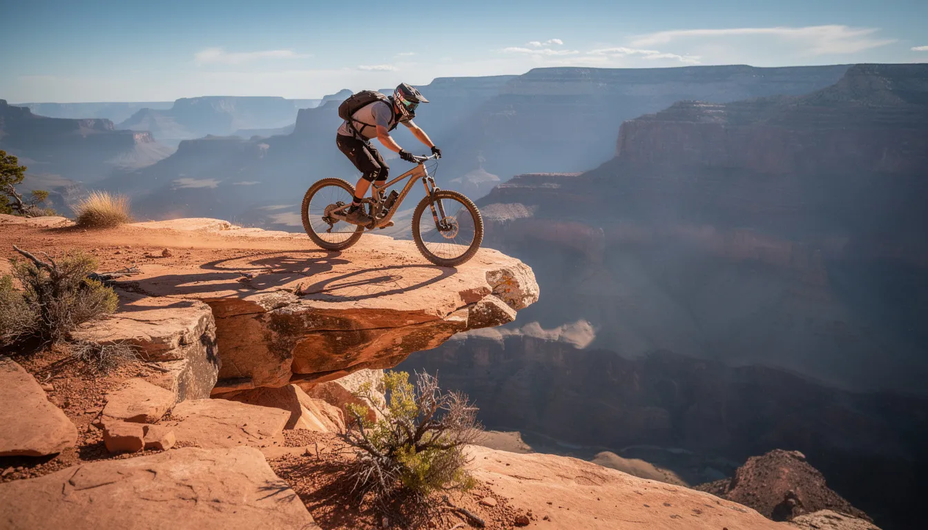 A mountain biker skillfully navigates an exposed sandstone ledge, surrounded by stunning canyon views that highlight the rugged terrain of Utah. This scene captures the essence of winter mountain biking in the southwestern region, showcasing the adventurous spirit of the mountain biking community.