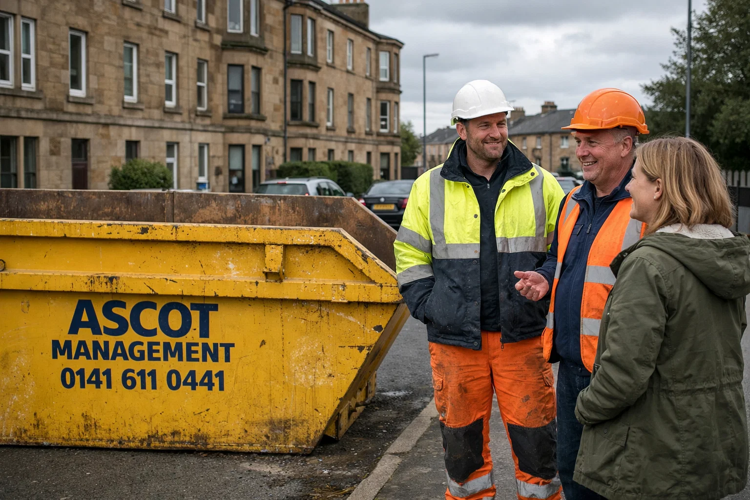 Ascot Management waste team with branded skip at Glasgow property.