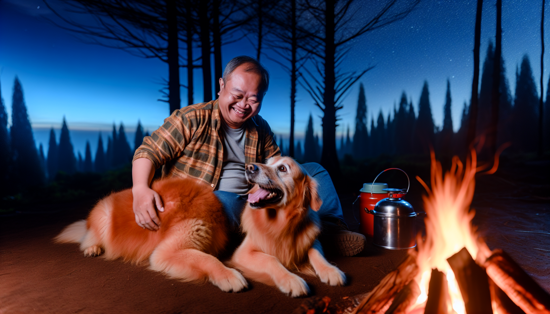 A dog and its owner sitting by a campfire in the wilderness