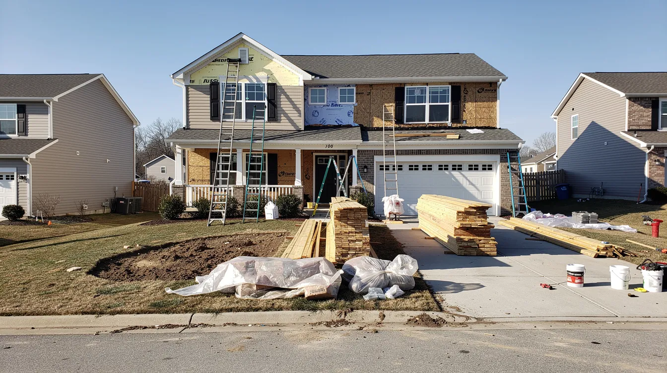 The image depicts a residential property undergoing renovations, with ladders and various construction materials scattered in the front yard, indicating ongoing home improvements. This scene may evoke thoughts about financing options like a home equity line or home equity loan to cover unexpected expenses during renovations.