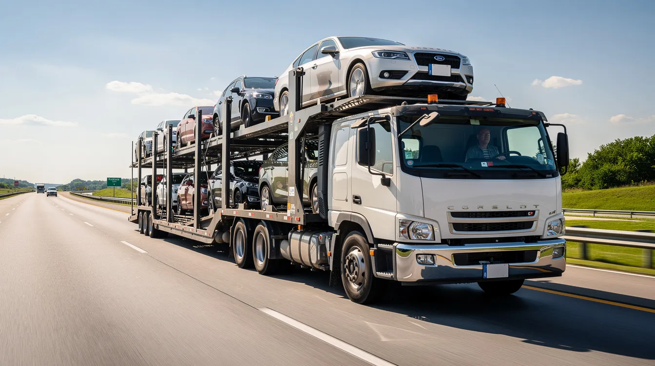 A semi truck is driving on an interstate highway, transporting multiple vehicles on an open car carrier trailer. This scene showcases the vehicle transport operations of a leading vehicle transport provider, highlighting their capability for efficient auto logistics and reliable delivery services.