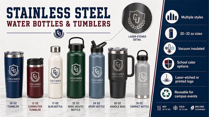 Reusable stainless steel water bottles and tumblers, displayed in a campus hydration station, showcasing eco-friendly drinkware options with school logo and premium laser-etched design.