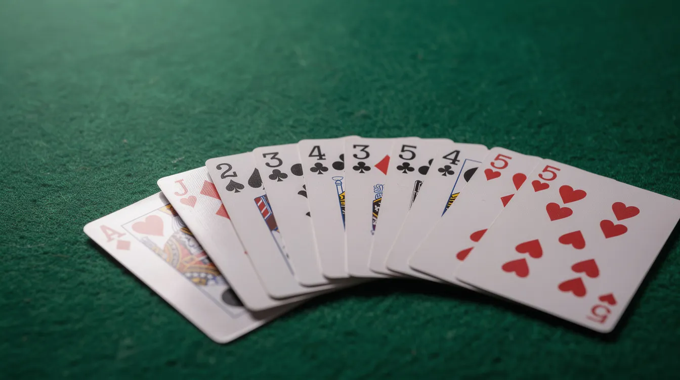 A spread of playing cards on a green felt surface displays wheel cards from ace through five, indicative of a potential winning hand in a poker game like Omaha hi lo. The arrangement suggests strategic play, where players may be vying for both high and low hands in a split pot scenario.