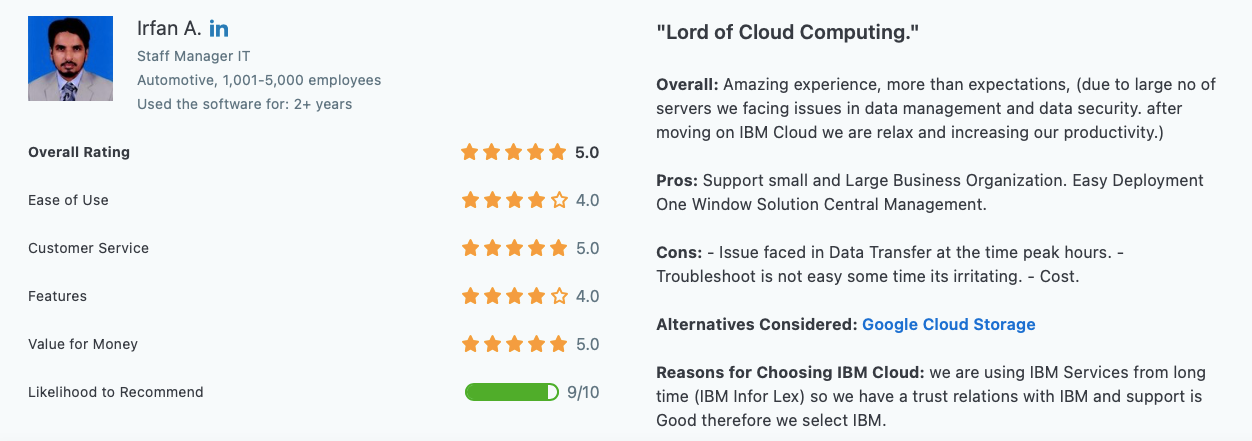 The visual is a user review for IBM Cloud orchestrator, a Cloud orchestration tool.