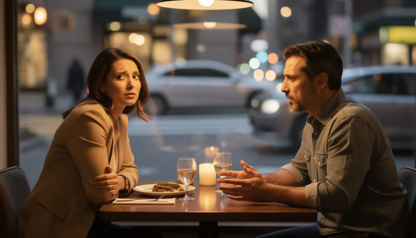 A heterosexual couple in their 30s sits at a restaurant table in New York City, with the woman rolling her eyes and the man appearing hurt and silent, reflecting emotional distance and contempt in their relationship. The soft evening lighting and blurred city street outside enhance the atmosphere of an unhealthy relationship dynamic marked by unresolved conflict and communication breakdown.