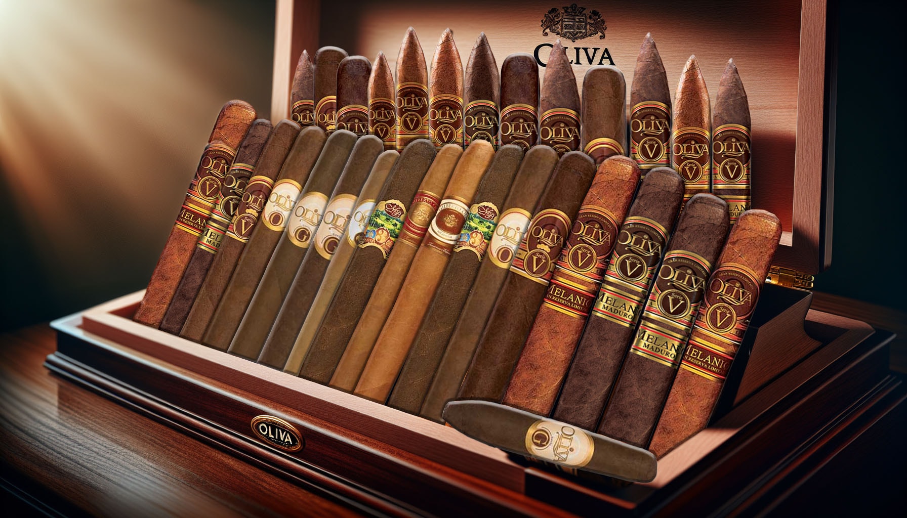 A variety of Oliva cigars displayed in an artistic arrangement.