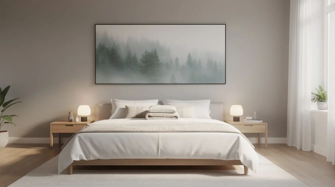I bilden ser vi ett lugnt sovrum med en säng placerad under en horisontell tavla som föreställer en dimmig skog. Tavlan i abstrakt stil ger rummet en harmonisk känsla och bidrar till en avkopplande atmosfär.