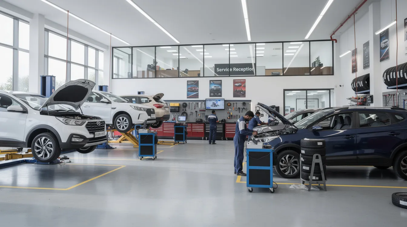 8392ea7f 5cd2 47d2 a6bf 3e45a8e62462 The image shows a modern Indian auto service center bustling with activity, featuring multiple car bays where mechanics diligently work on various vehicles. This automotive business exemplifies the essential services required for vehicle owners, highlighting the importance of reliable auto repair shops in the competitive automotive industry.