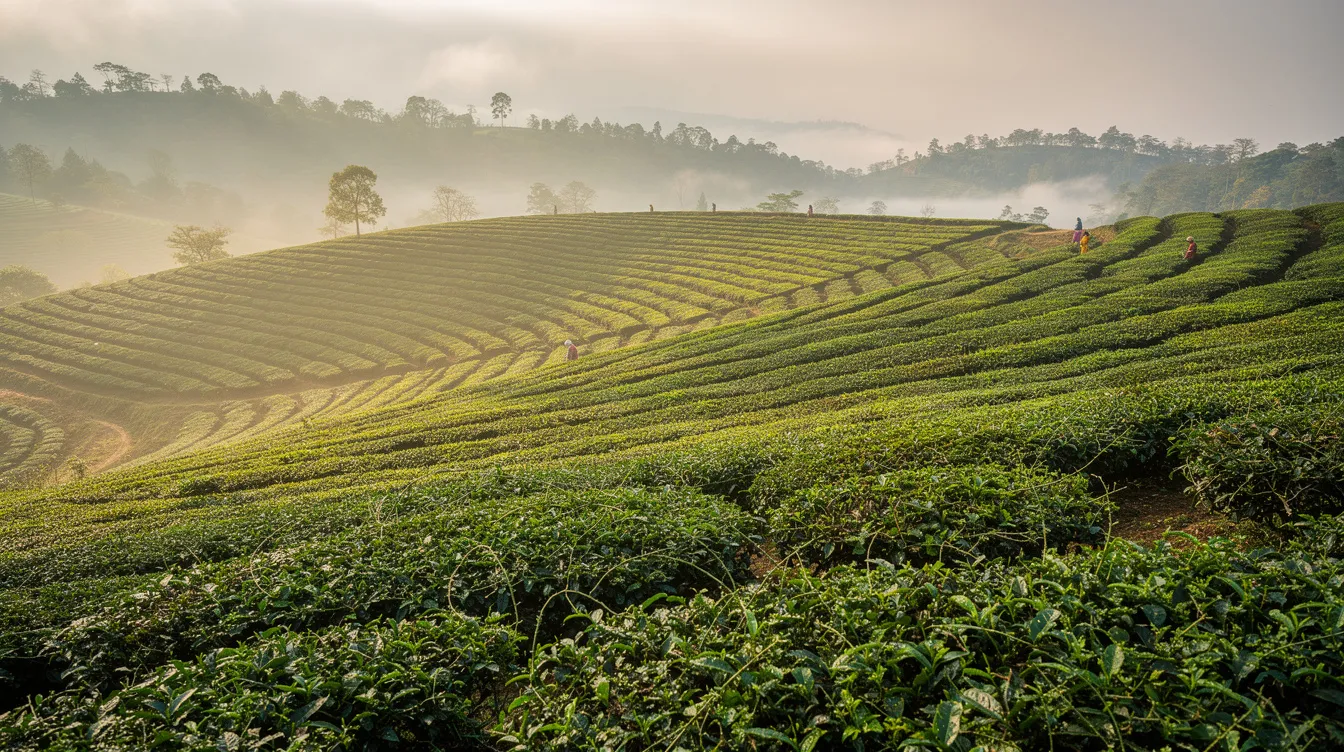 The image depicts a vibrant tea garden in Assam, where neatly arranged rows of lush green tea plants extend towards misty hills in the background. This picturesque scene highlights the region's rich natural resources, making it a promising business opportunity for aspiring entrepreneurs in the tea business.