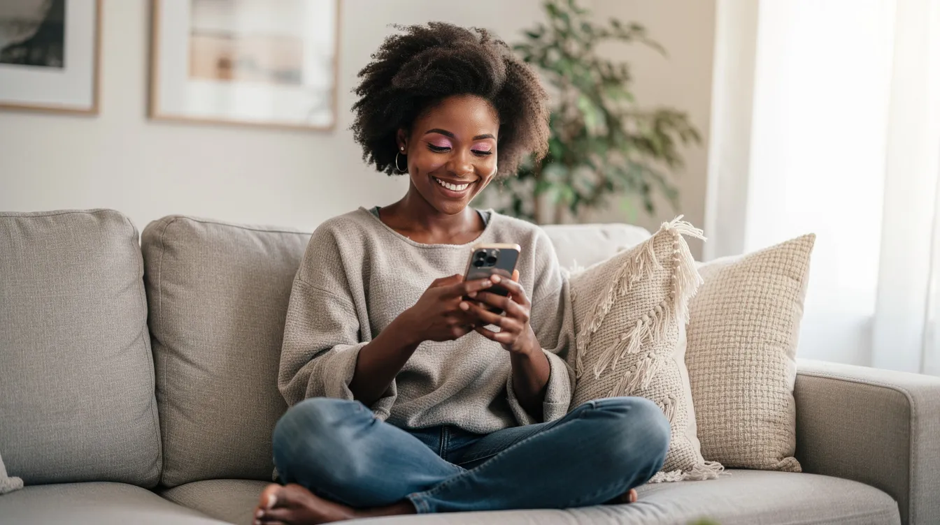 A smiling Black woman is sitting on a couch at home, engaged in a conversation on her cellphone, looking at the screen with a joyful expression. This moment captures the essence of using dating apps like the Iris dating app, where users can create meaningful connections and find potential matches through user-friendly technology.