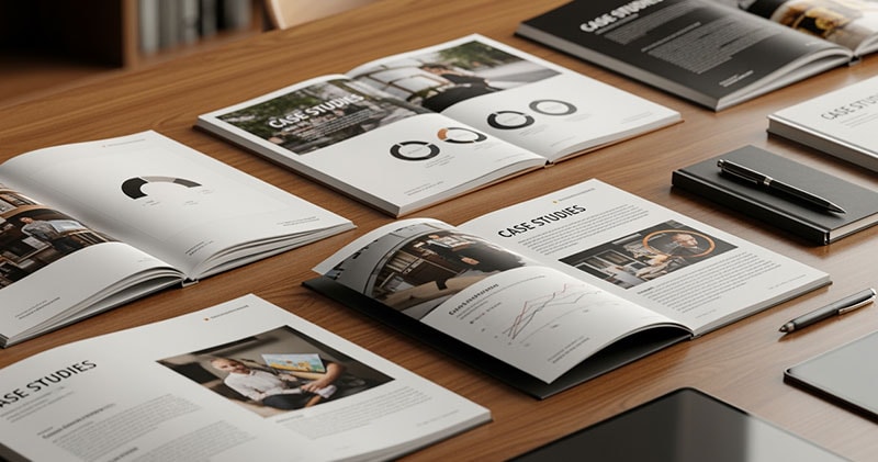 Various case studies are laid out on a desk in a linear position.