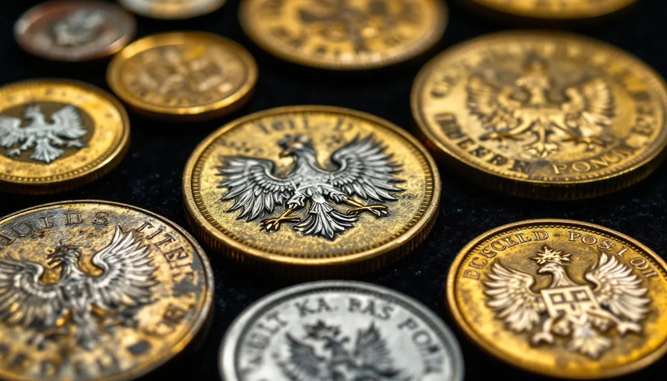 Zbliżenie na najdroższe polskie monety kolekcjonerskie, w tym złote monety.