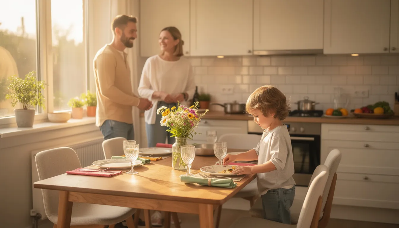 Een gezin is samen in een gezellige keuken, waar een kind helpt met het dekken van de tafel voor het avondeten. De sfeer is warm en uitnodigend, terwijl andere gezinsleden zich voorbereiden op het uitvoeren van hun huishoudelijke taken.