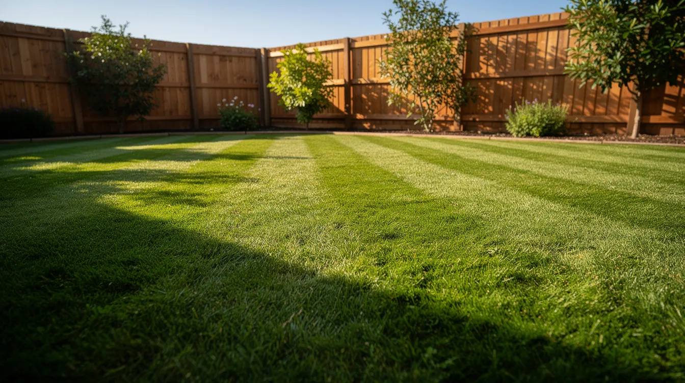 The image depicts a vibrant, freshly mowed green lawn showcasing neat mowing stripes under the bright sun in a back garden. The grass is cut to an even height, indicating regular mowing, and the scene conveys a sense of tranquility and well-maintained outdoor space.