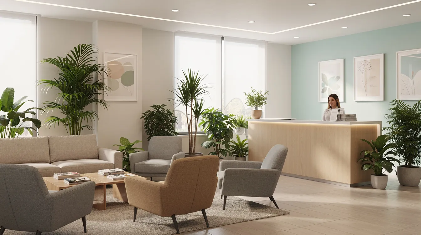 The image depicts a warm and welcoming reception area in a modern healthcare setting, featuring comfortable furniture and lush plants, creating an inviting atmosphere for patients receiving personalized treatment plans. This space reflects the integration of patient care and modern medicine, emphasizing the importance of individualized approaches to health and wellness.