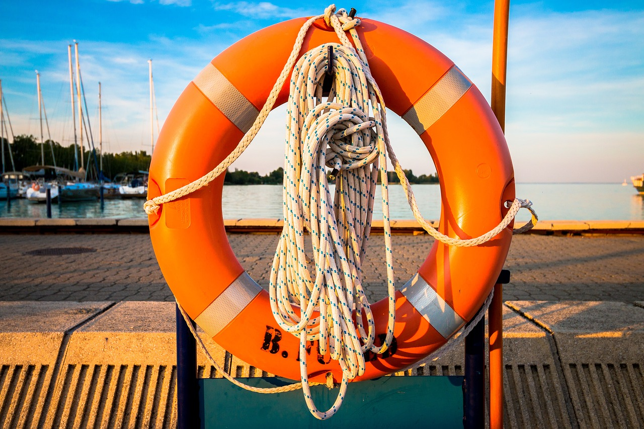 Lifebelt Lifebuoy with polyester rope on a background of Lake Sunset