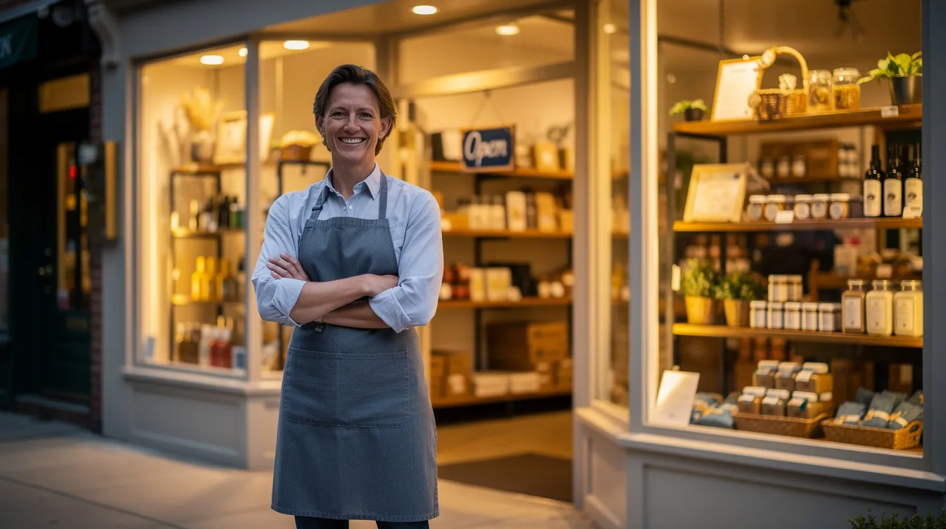 A confident small business owner stands in front of a well-lit shop with arms crossed and a smile, embodying success in the retail world. This image reflects the spirit of 中小企 as the owner represents the thriving entrepreneurial community.