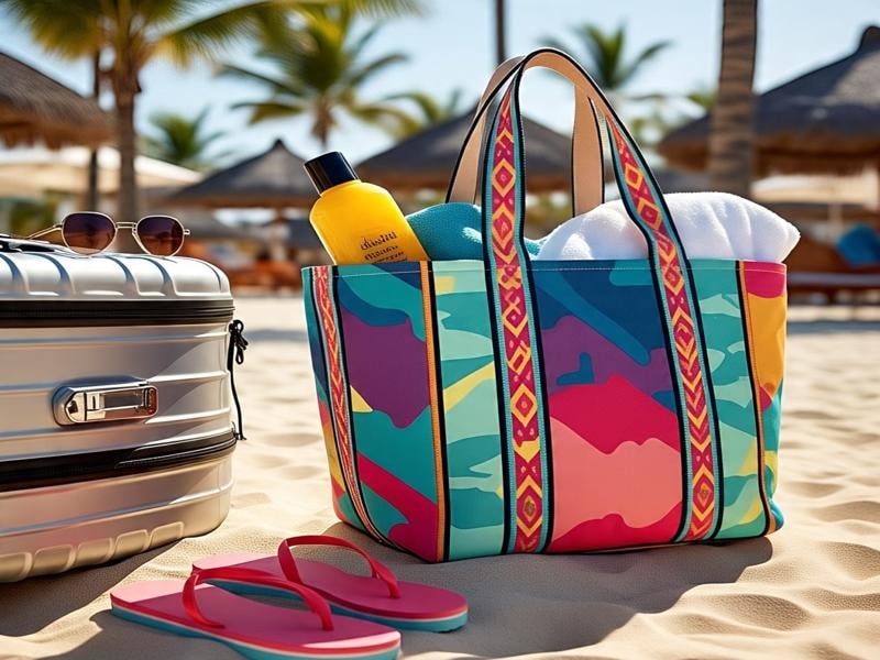 A multicolored canvas tote bag with a bottle and towel inside, placed on the sandy beach floor next to a beach slipper, a travel bag with sunglasses on top, and a beach tent in the background.