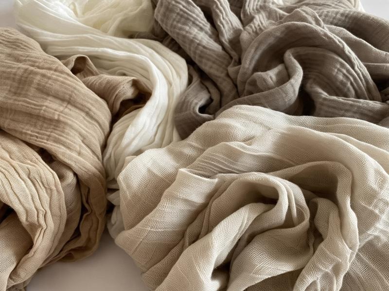 Close-up of crumpled, lightweight muslin fabrics in soft earthy tones, including beige, cream, and taupe.
