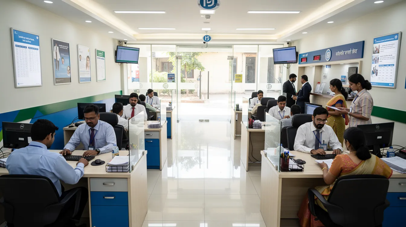 The image depicts the interior of an Indian bank branch, where officers are diligently working at their desks, assisting customers with various financial services such as business loans and the mudra loan process. The atmosphere is professional, reflecting the bank's role as a financial institution in supporting applicants with their loan applications and eligibility criteria.