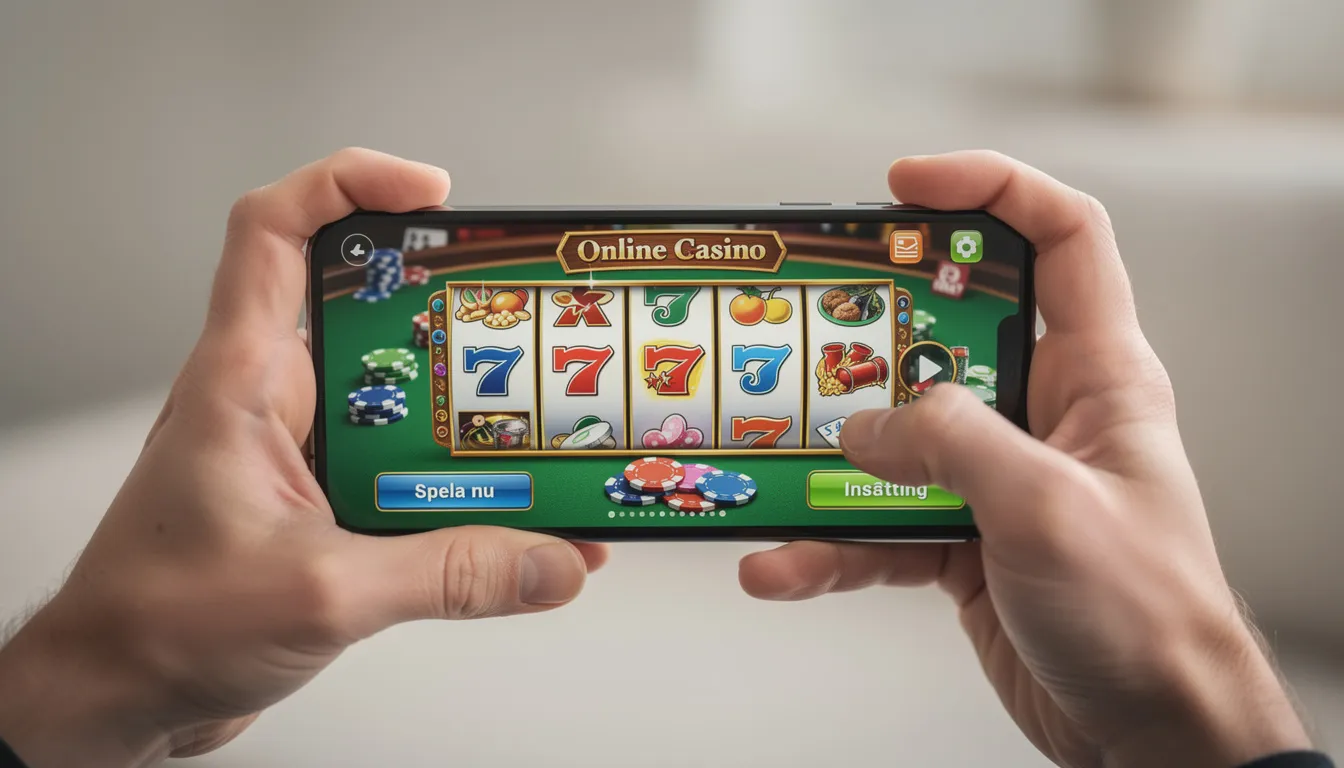 En hand håller en smartphone som visar ett casinogränssnitt, där spelaren kan logga in och spela casinospel hos Pronto Casino. Gränssnittet inkluderar alternativ för insättning och uttag, samt en översikt över spelutbudet som erbjuds, inklusive slots och bordsspel.