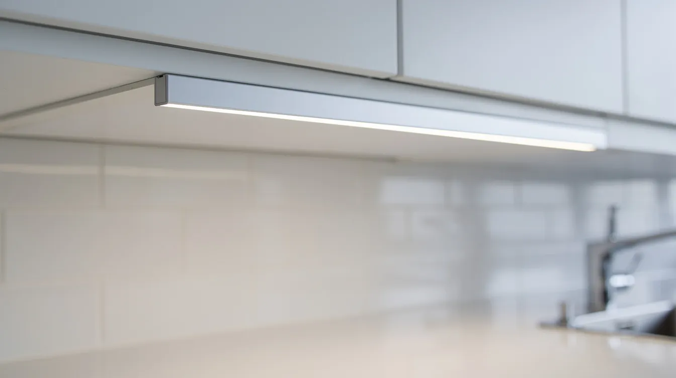 Närbild av en tunn LED-list som är monterad under ett vitt överskåp i ett kök, vilket ger ett jämnt och effektivt ljusflöde för bänkbelysning. Den dimbara belysningen skapar en bra arbetsmiljö och passar perfekt för köksbänken.