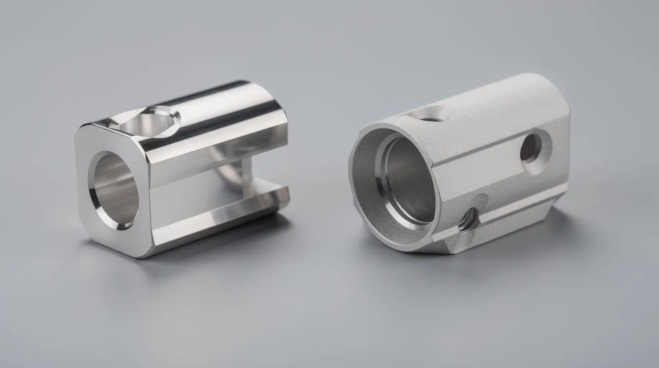 The image showcases aluminum CNC parts side by side, highlighting the striking contrast between a polished reflective anodized finish and a matte bead-blasted anodized finish. This visual representation emphasizes the quality and customization options available in aluminum anodizing processes for various applications, including aerospace and automotive industries.